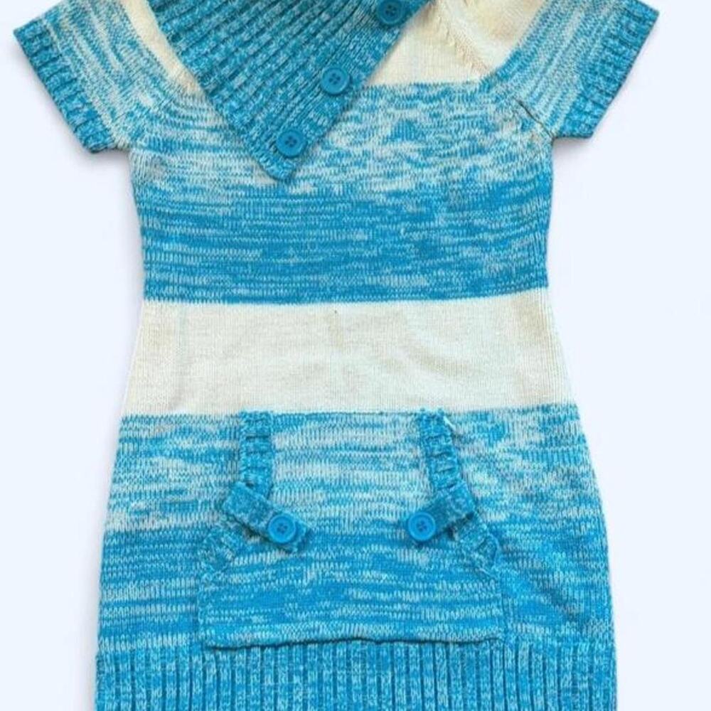 Blue & White Vintage Dollhouse Knit Mini Dress - Size Girls Small 7-8